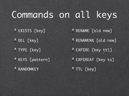 Commands on all keys
EXISTS [key]
DEL [key]
TYPE [key]
KEYS [pattern]
RANDOMKEY
RENAME [old new]
RENAMENX [old new]
EXPIRE [key ttl]
EXPIREAT [key ts]
TTL [key]