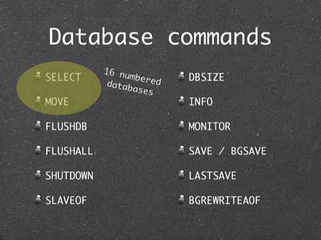 Database commands
SELECT
MOVE
16 numbered
databases
