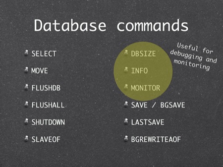 Database commands
DBSIZE
INFO
MONITOR
Useful for
debugging and monitoring
