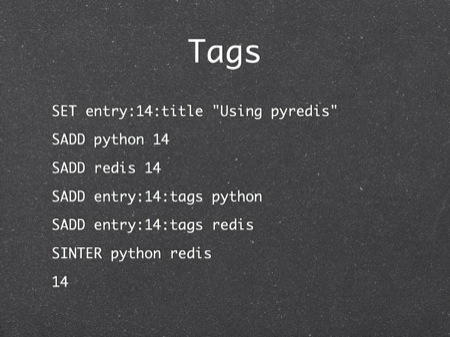 Tags
SET entry:14:title "Using pyredis"
SADD python 14
SADD redis 14
SADD entry:14:tags python
SADD entry:14:tags redis
SINTER python redis
14