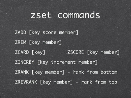 zset commands
ZADD [key score member]
ZREM [key member]
ZCARD [key]        ZSCORE [key member]
ZINCRBY [key increment member]
ZRANK [key member] - rank from bottom
ZREVRANK [key member] - rank from top