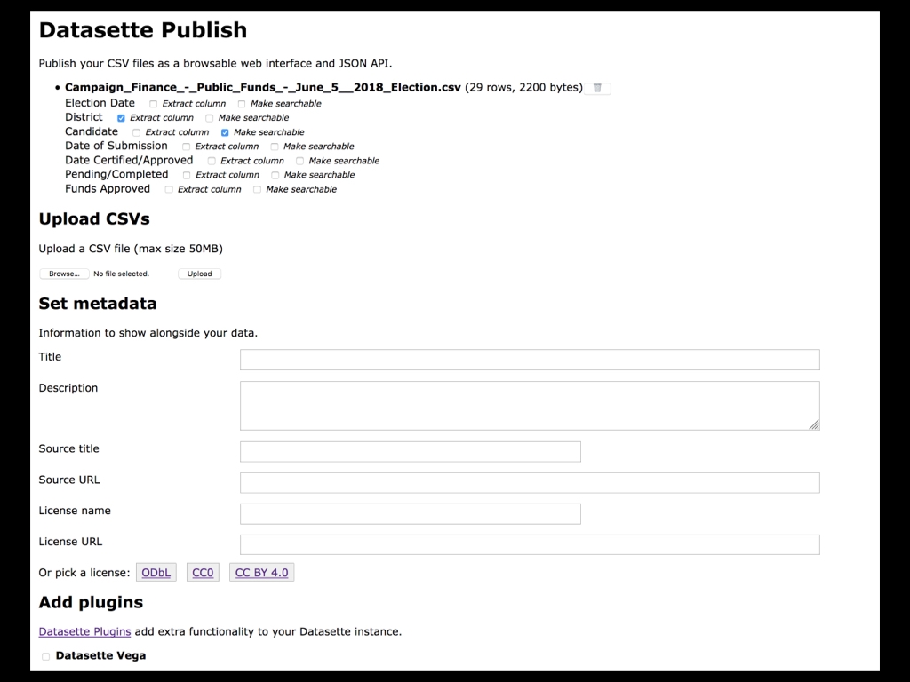Screenshot of the Datasette Publish interface