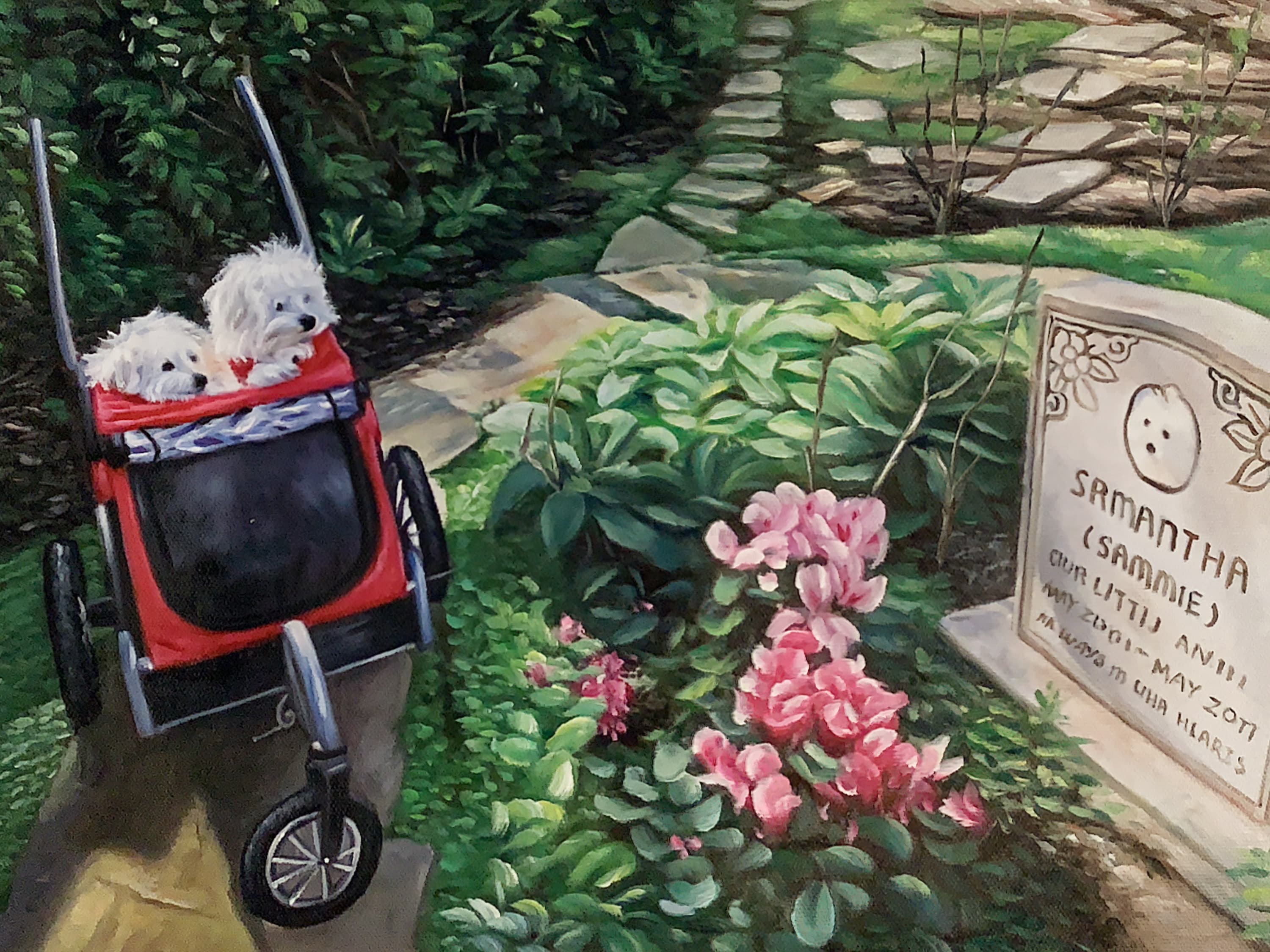 Two dogs in a stroller looking at a gravestone, as an oil painting