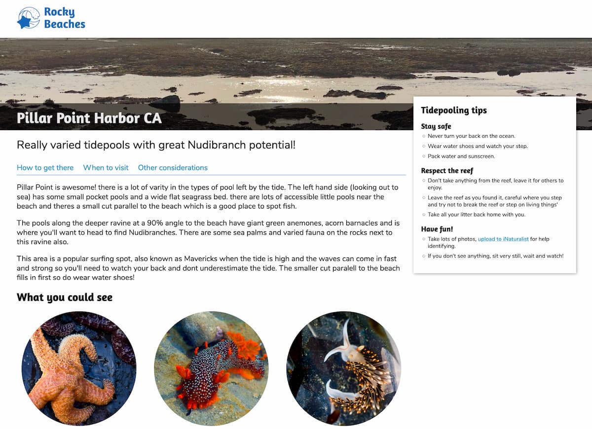 Screenshot of the Pillar Point page for Rocky Beaches