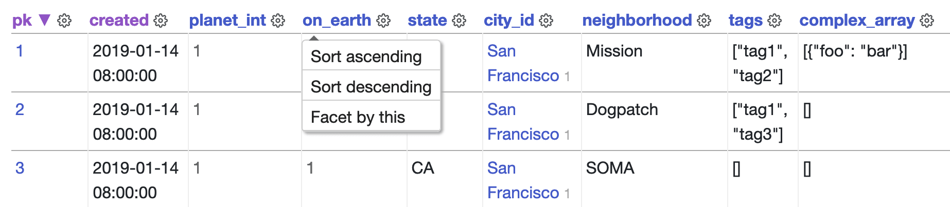 The on_earth column has an expanded menu with Sort ascending, Sort descending and Facet by this menu items.