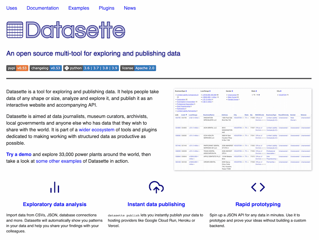 A screenshot of datasette.io