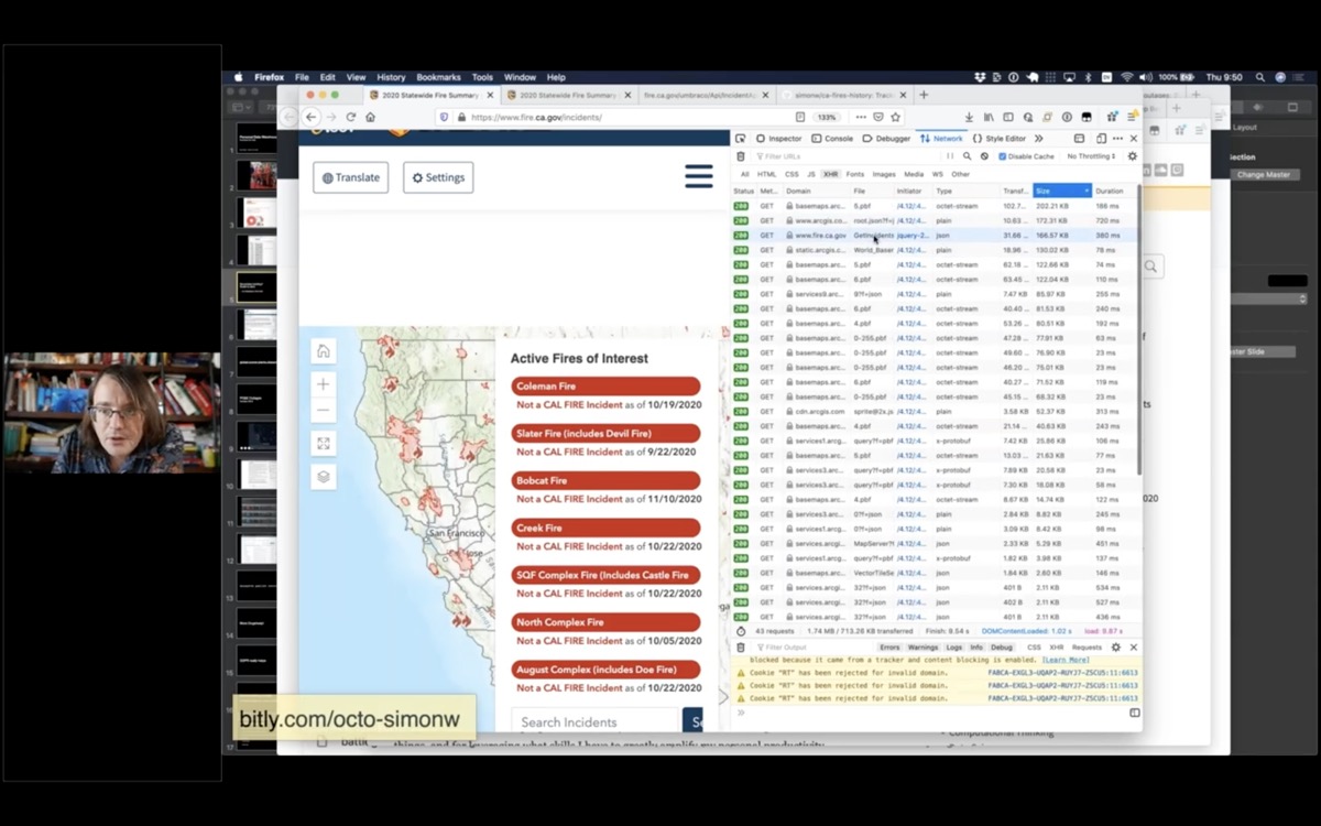 The incident map with an open developer tools network console showing XHR requests ordered by size, largest first