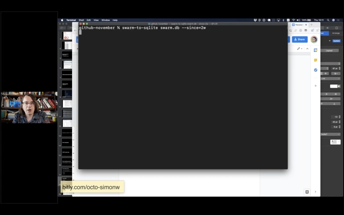 Screenshot showing how to run swarm-to-sqlite in a terminal