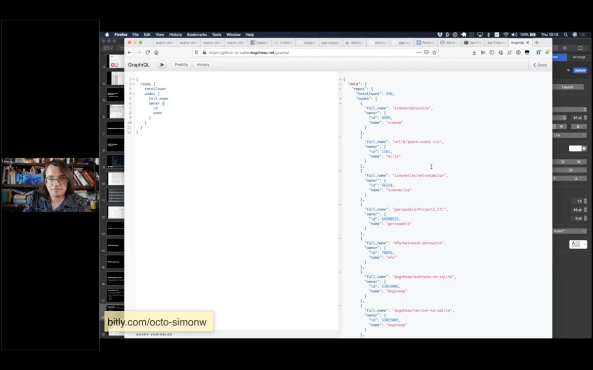 Screenshot showing the GraphiQL explorer tool running a GraphQL query against Datasette