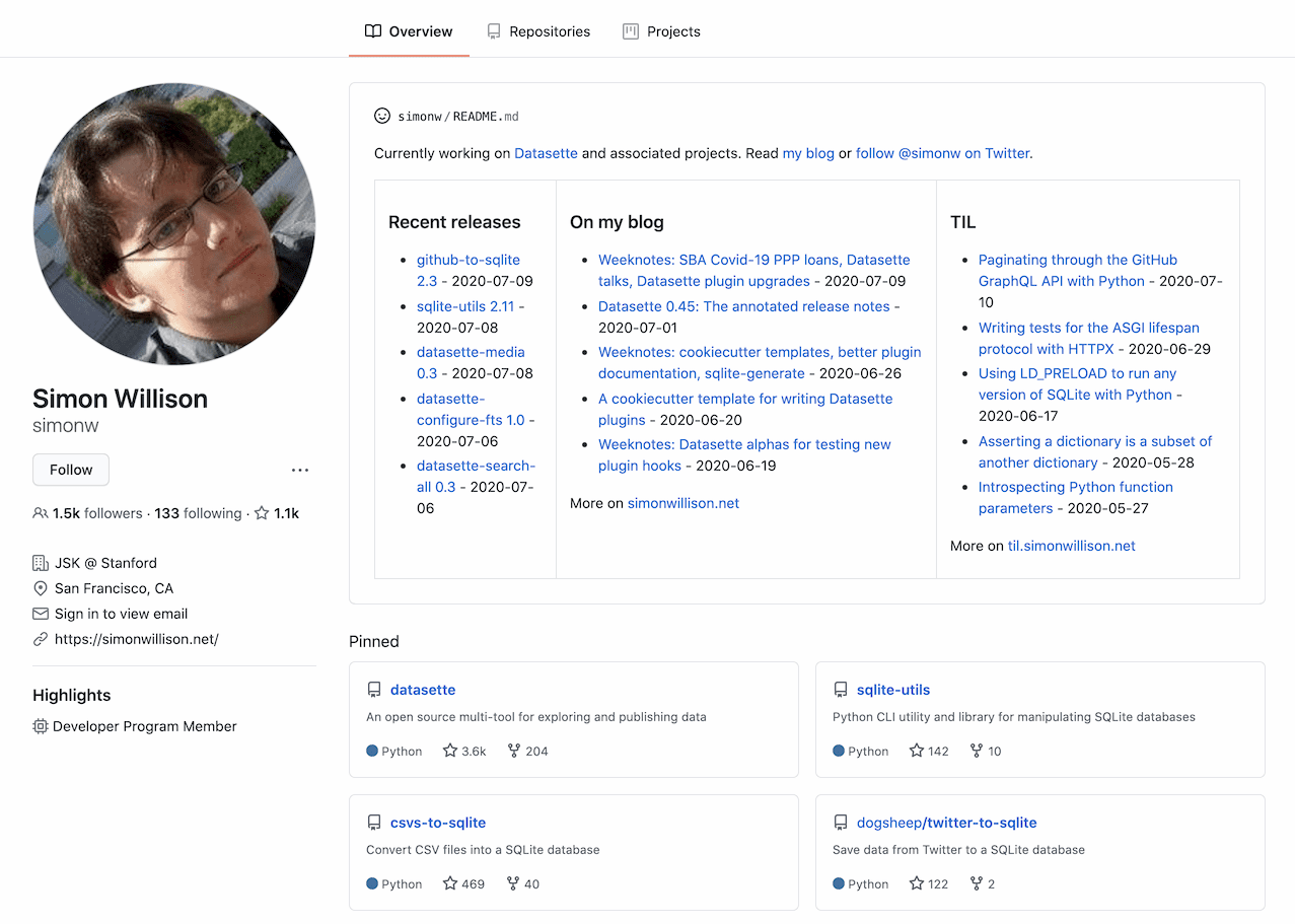 GitHub quietly released a new feature at some point in the past few days: profile READMEs. Create a repository with the same name as your GitHub accou