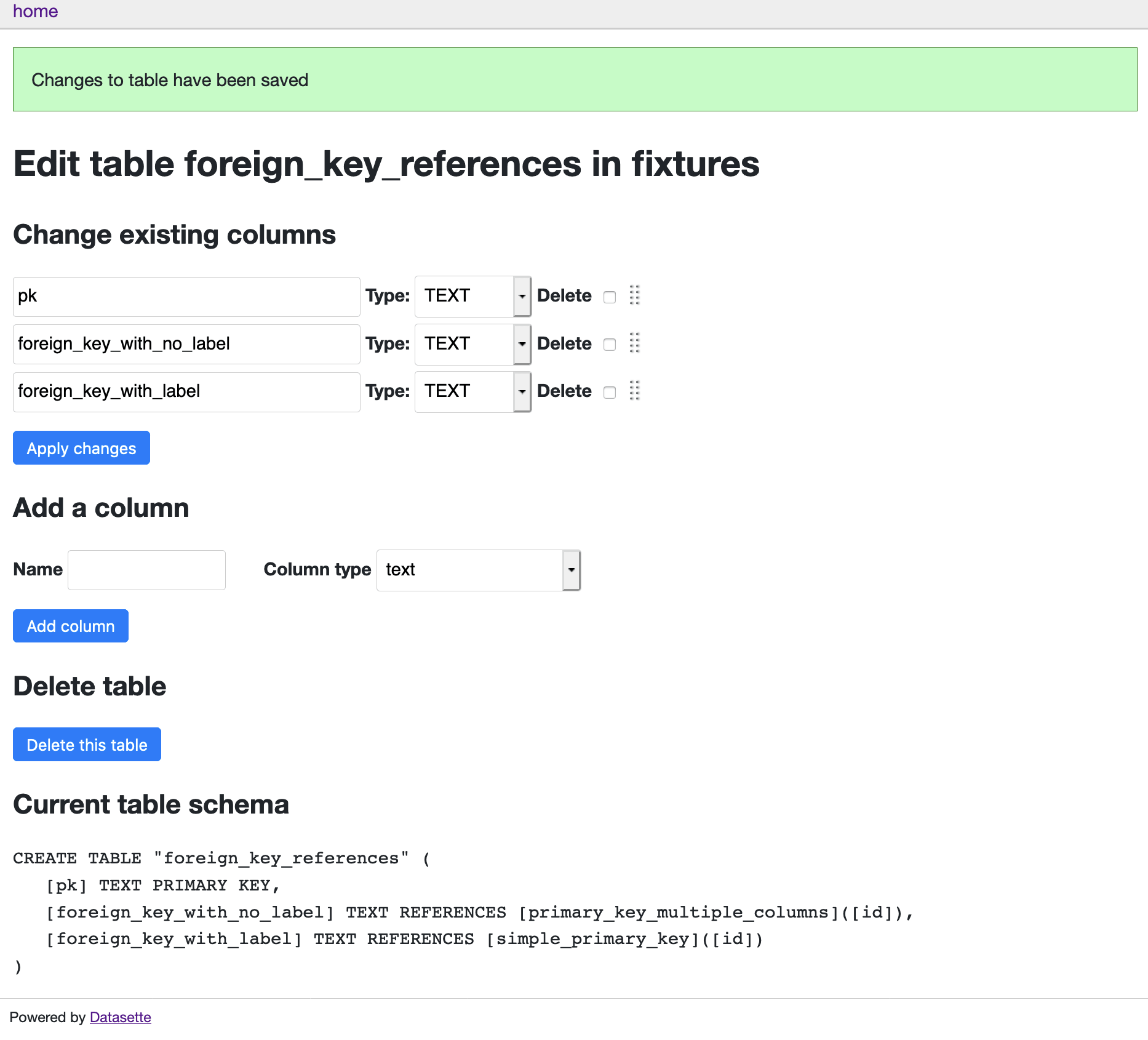 Screenshot of datasette-edit-tables showing an interface for editing and re-ordering columns