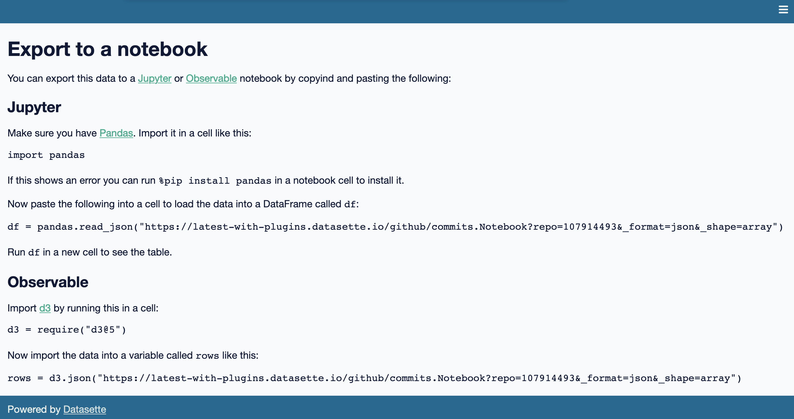 Screenshot of the interface, showing copy-and-paste examples for Jupyter and Observable imports