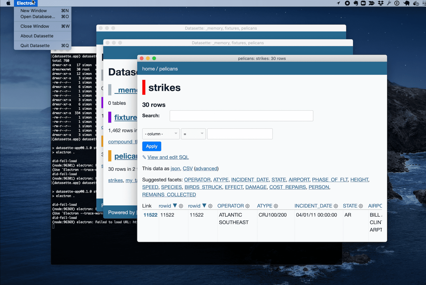 Screenshot of the new Datasette desktop app prototype with several open windows
