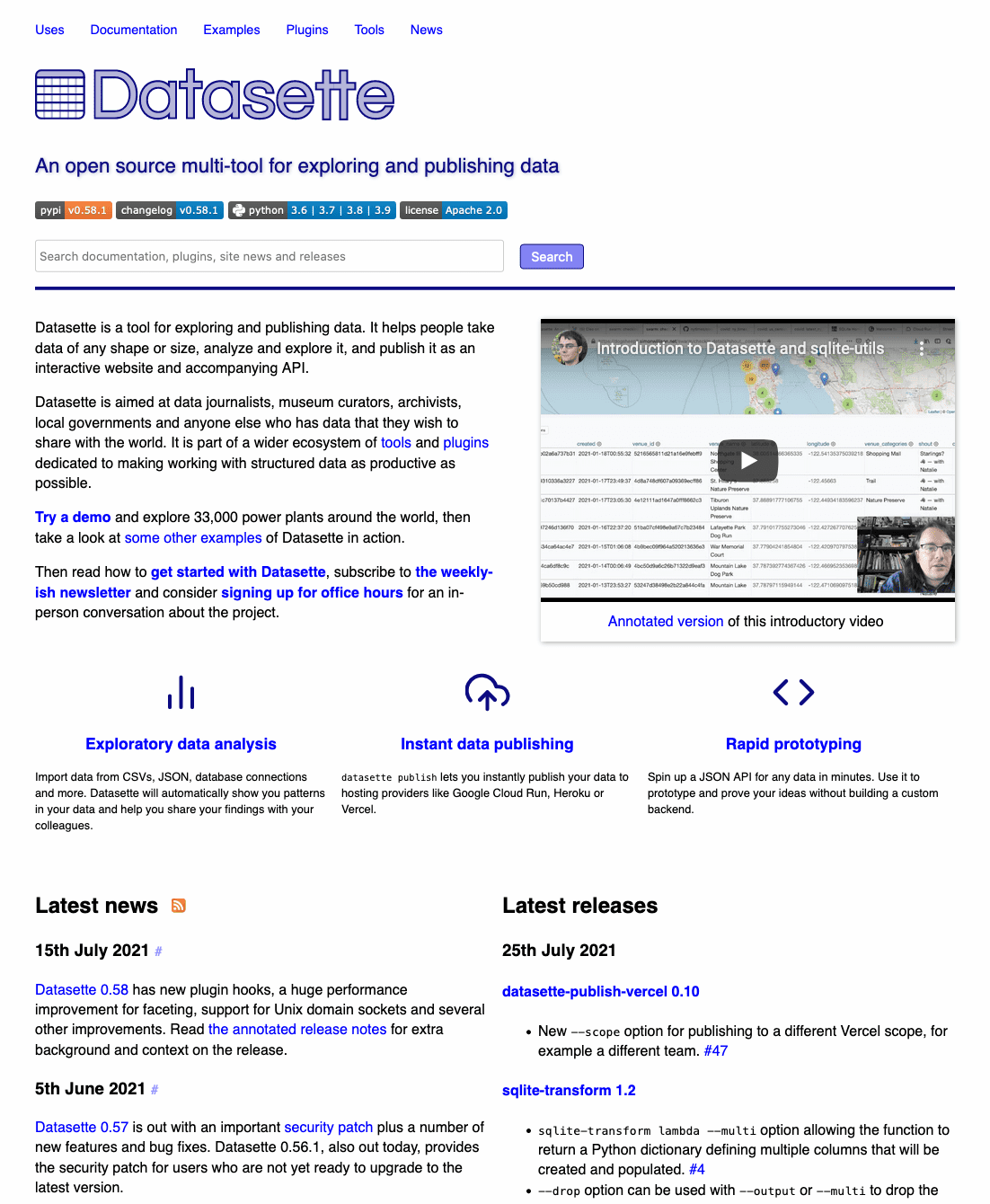A screenshot of the datasette.io homepage