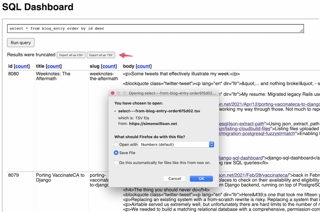 Screenshot of the SQL Dashboard interface, showing the new 'Export as CSV/TSV' buttons which trigger a file download dialog