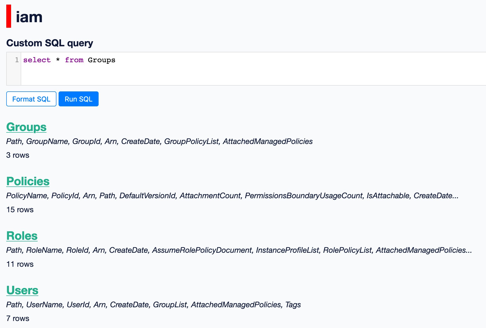 Datasette showing IAM database tables