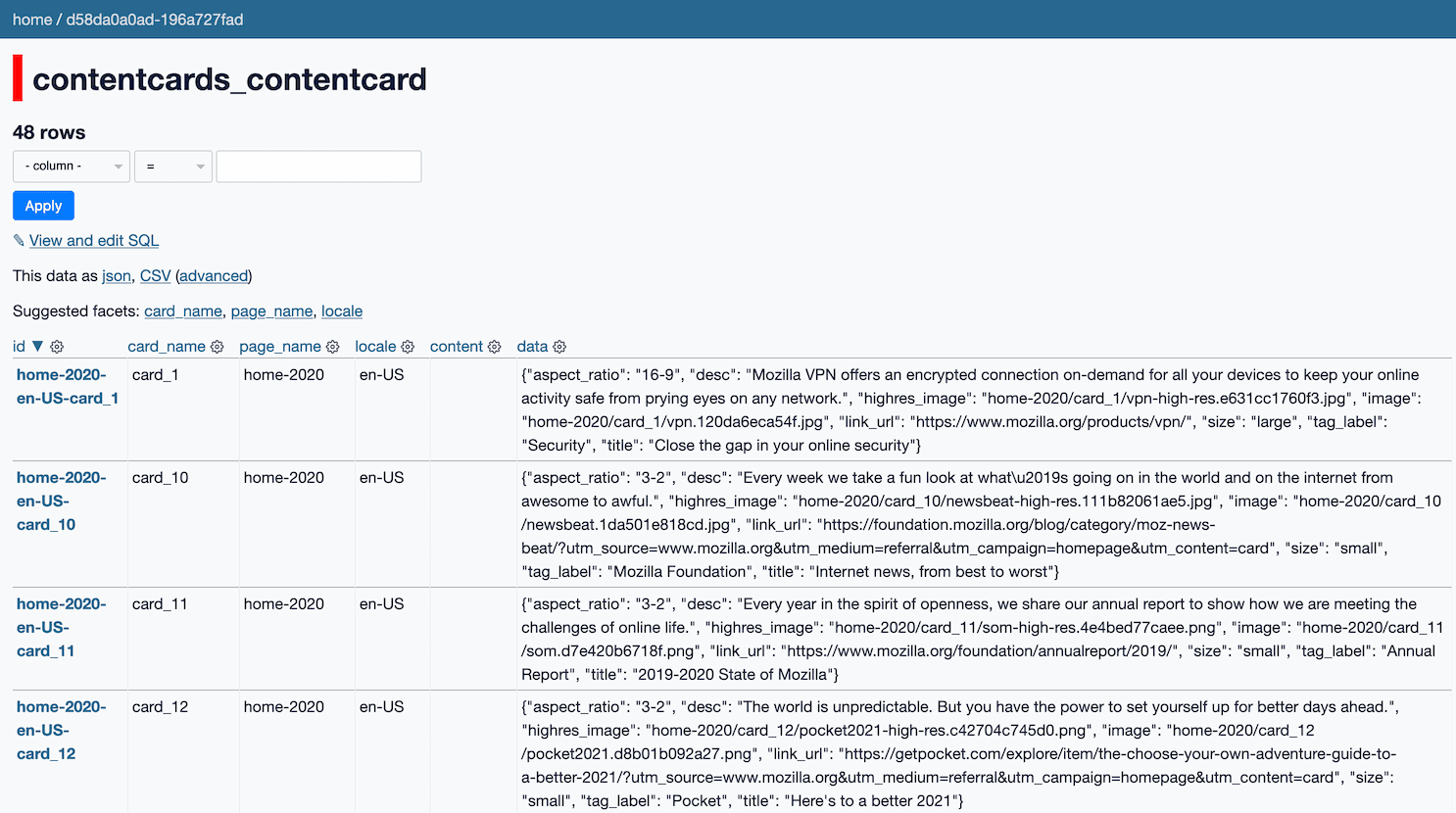 Datasette running against the Mozilla contentncards_contentcard table