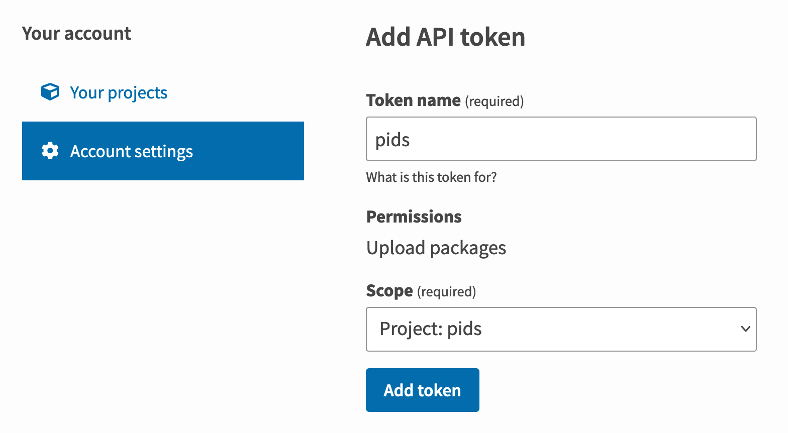 Screenshot of the PyPI interface for creating an API token