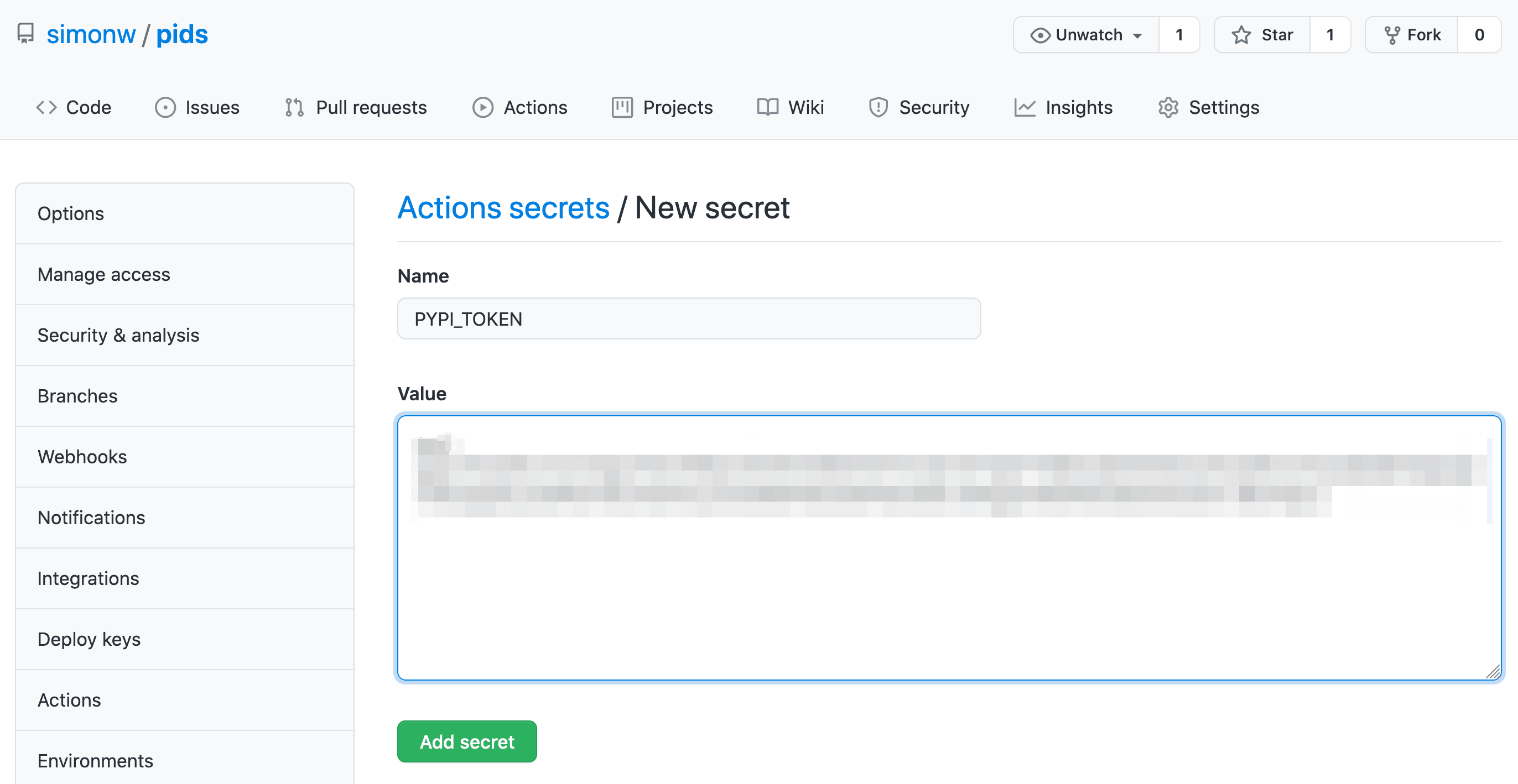 Screenshot of the GitHub interface for adding a repository secret