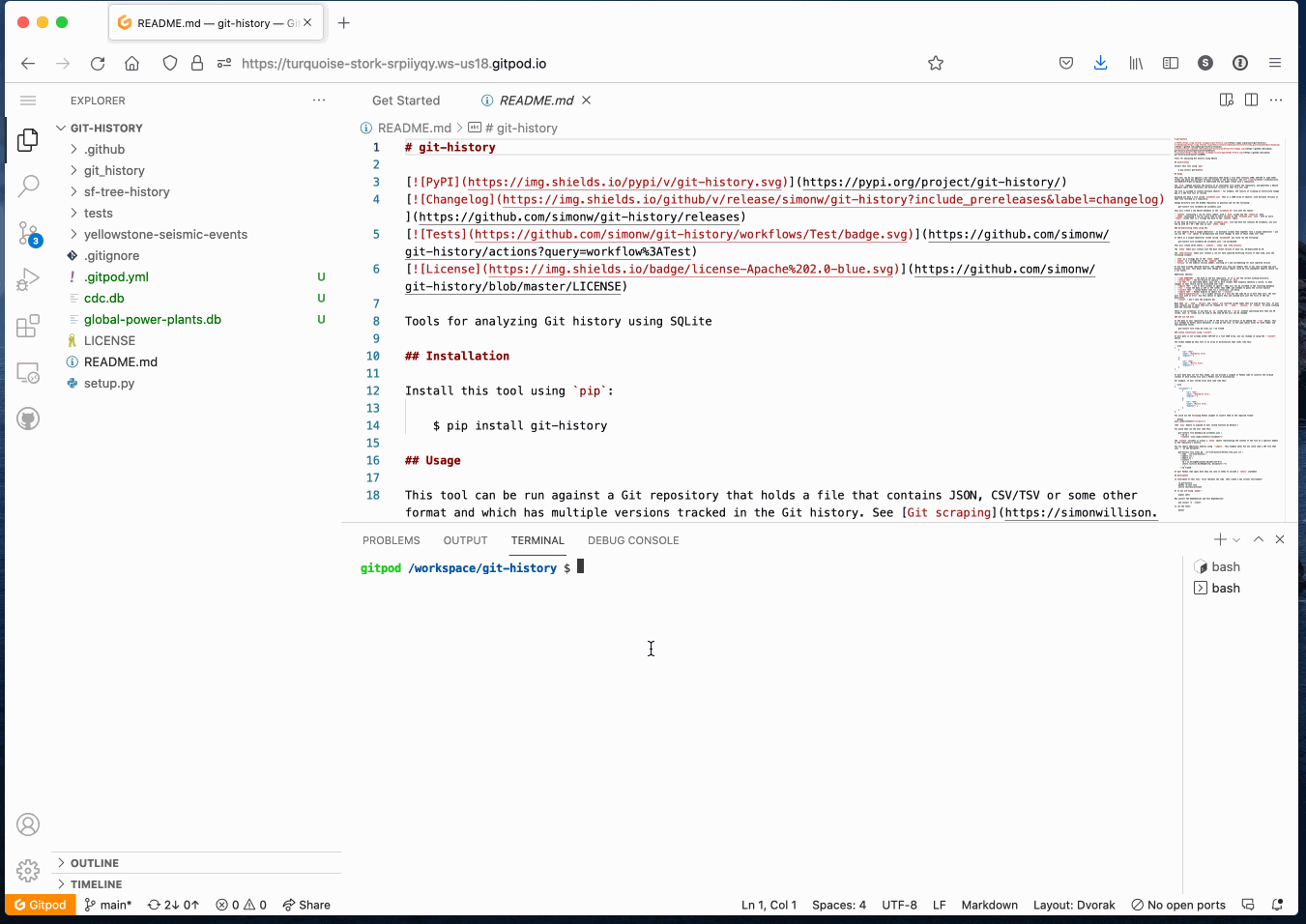 Animated demo of GitPod showing how to run Datasette and have it proxy a port