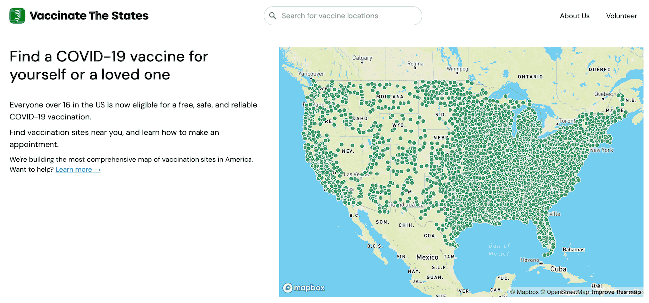 Screenshot of Vaccinate The States, showing a map with a LOT of markers on it