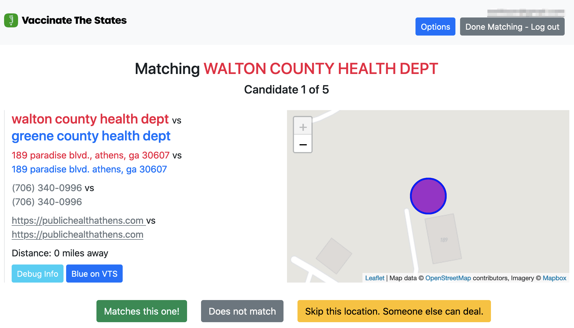 An interface showing a location and a potential match