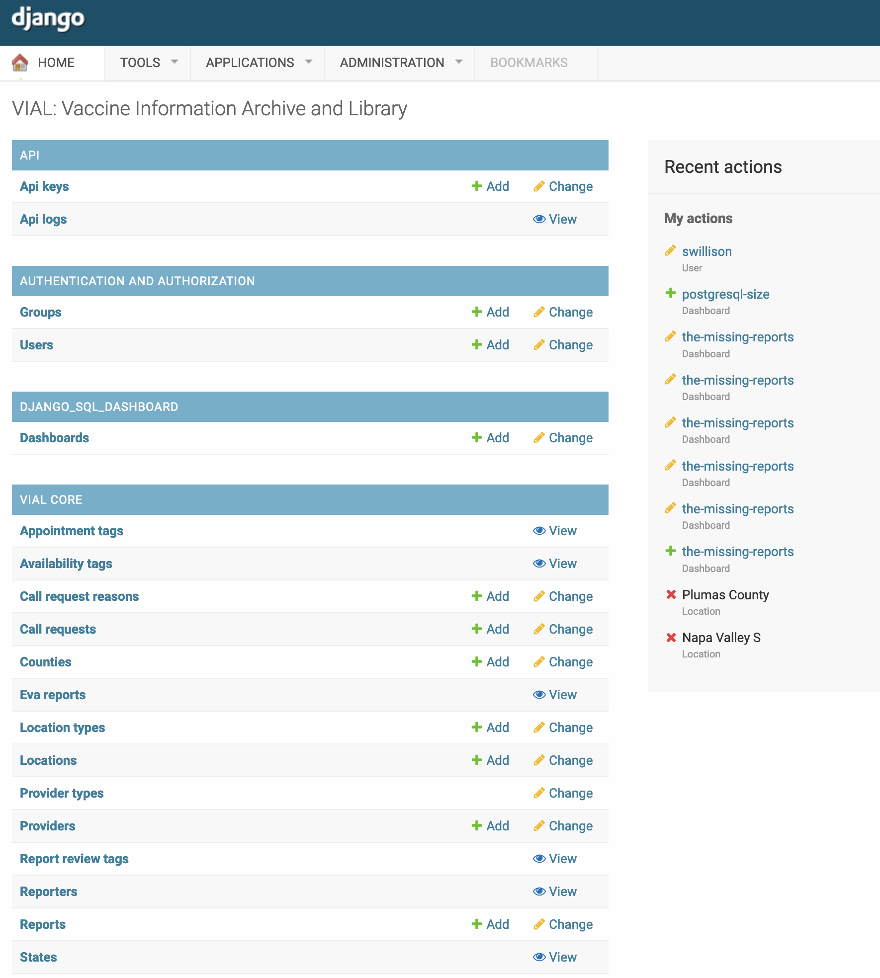 Screenshot of the Django admin VIAL index page