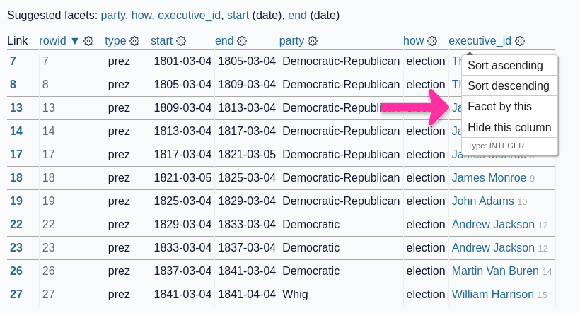 A screenshot of the table with the menu open and a single pink arrow pointing to the 'facet by this' menu item