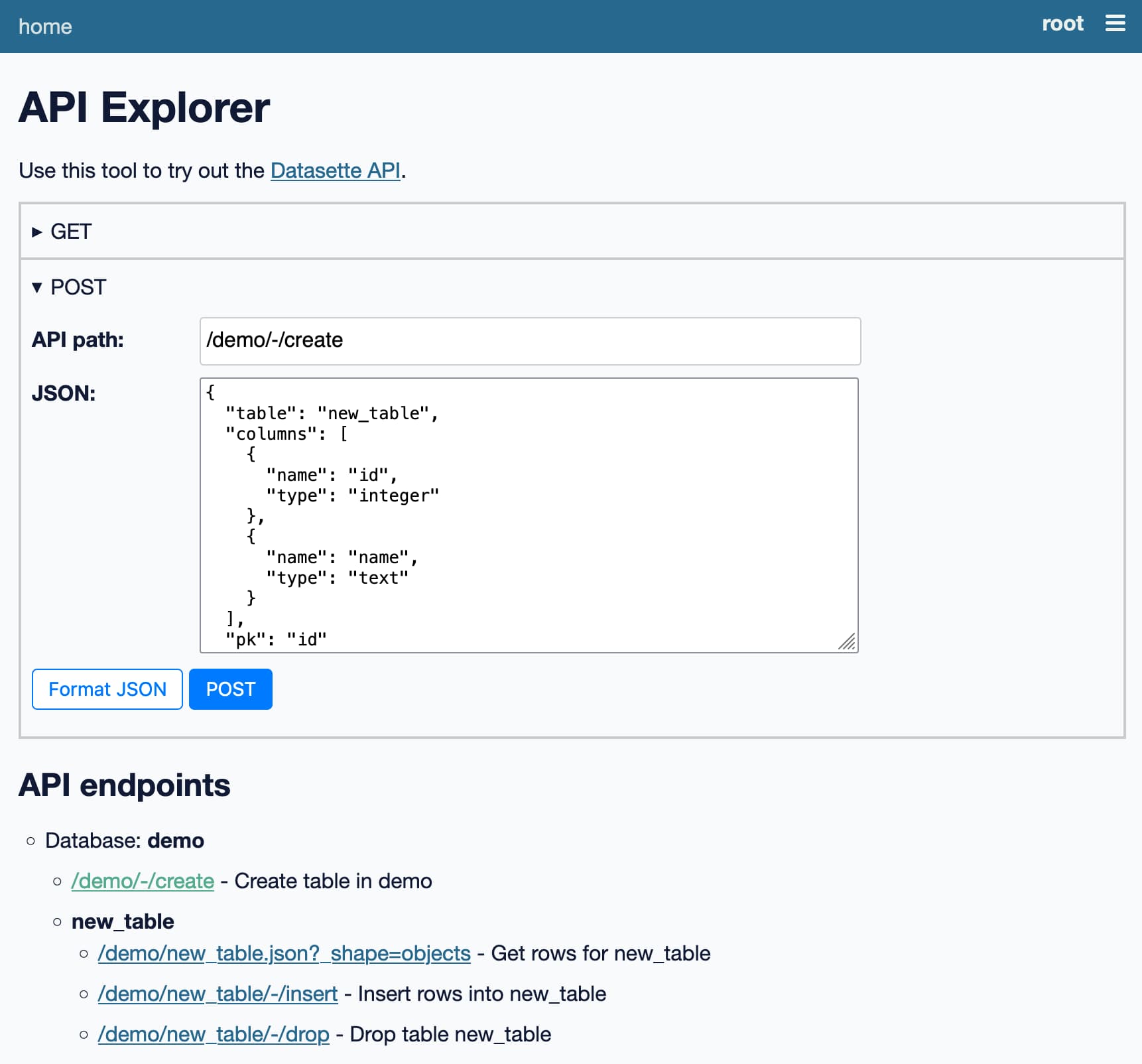 The API explorer interface has tools for sending GET and POST requests, plus a list of API endpoints