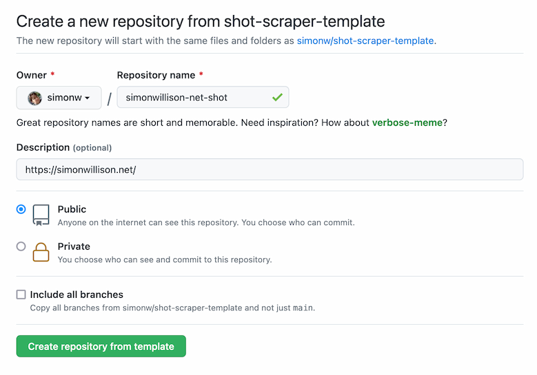 Screenshot of the 'create new repository from shot-scraper-template' page, which asks for a repository name and a description. The URL for the page you want to take screenshots of goes in the description.