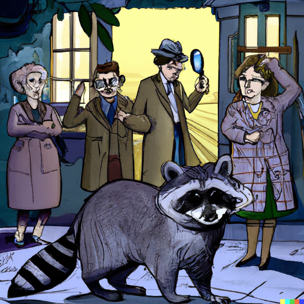 This one is in more of a cartoon style. The raccoon stands in front, and four people in period clothes stand in the background, one of them with a magnifying glass.