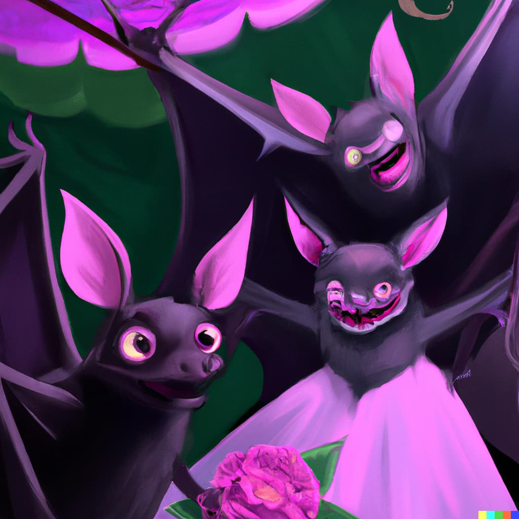 Three bats with pink ears, one is wearing a pink dress