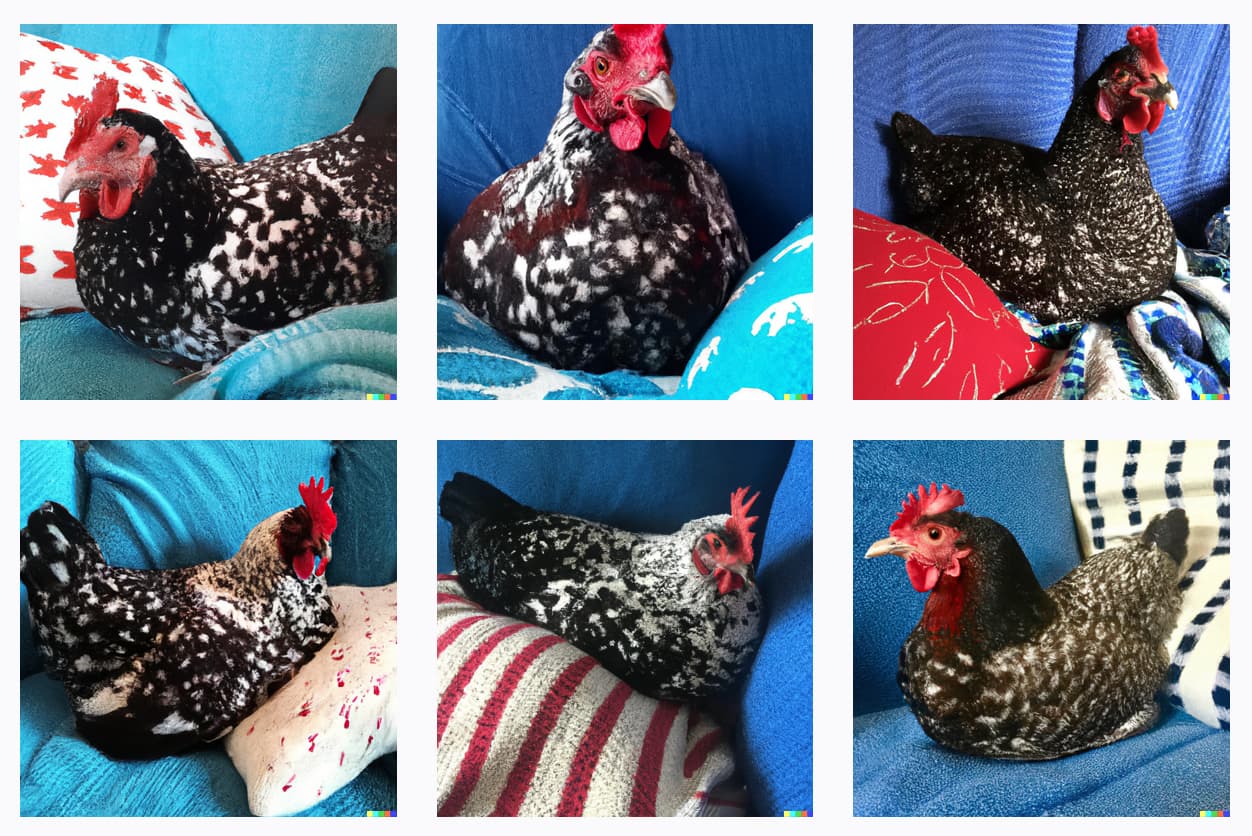 Six images that fit the brief, though the cushions don't have the pattern and the camera zoomed in much closer on the chicken than in the original