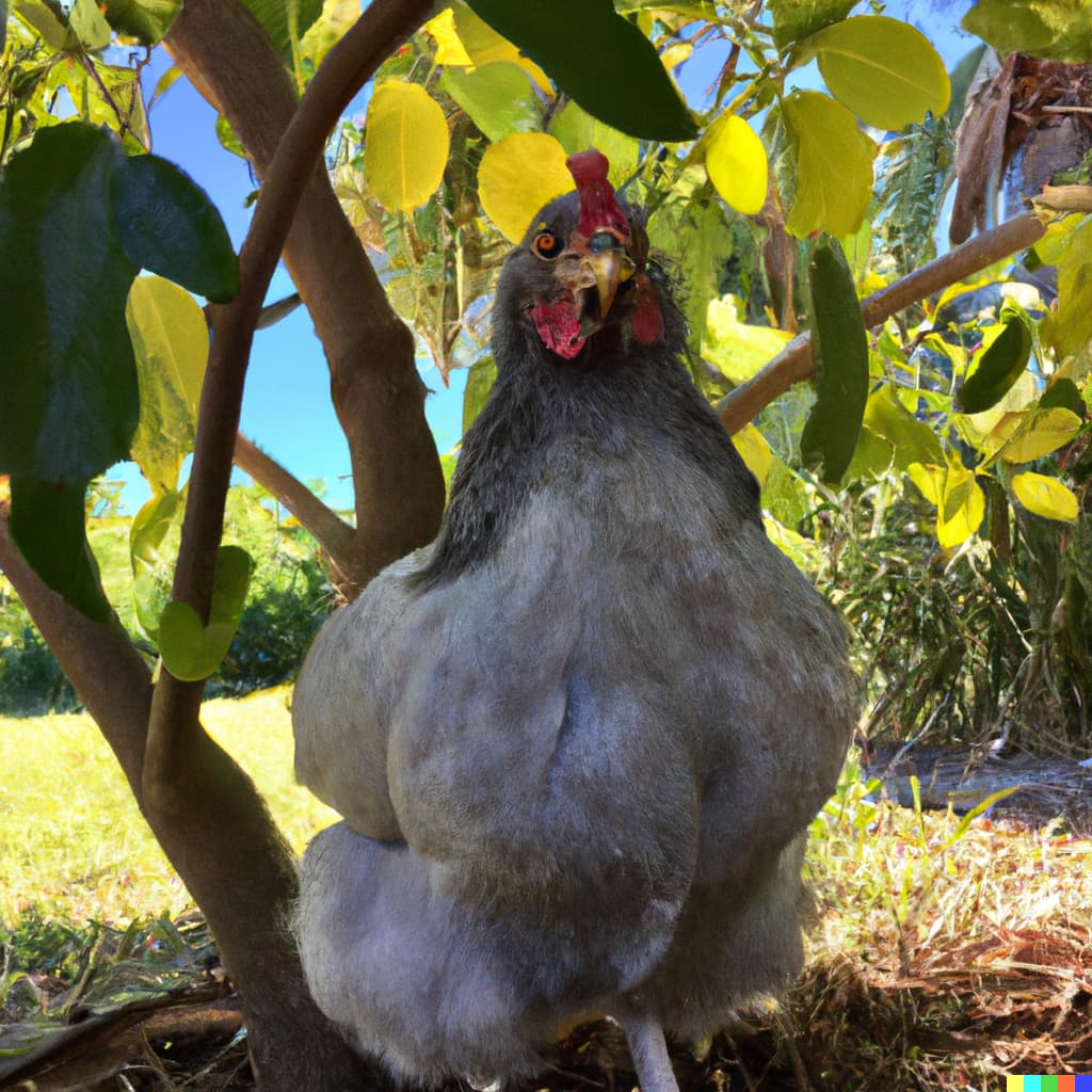 A blue-grey fluffy chicken puffed up and looking angry perched under a lemon tree