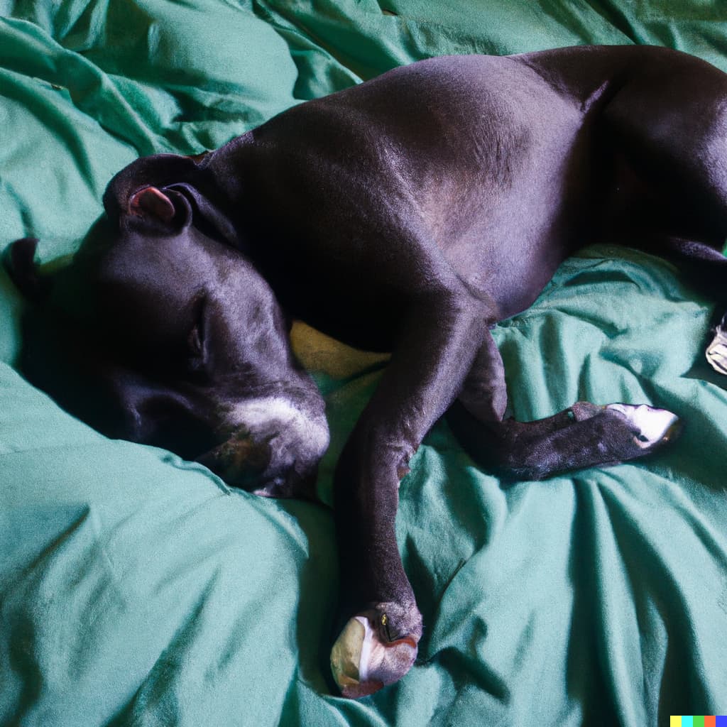 A medium sized black pit bull mix curled up asleep on a dark green duvet cover - a very good image