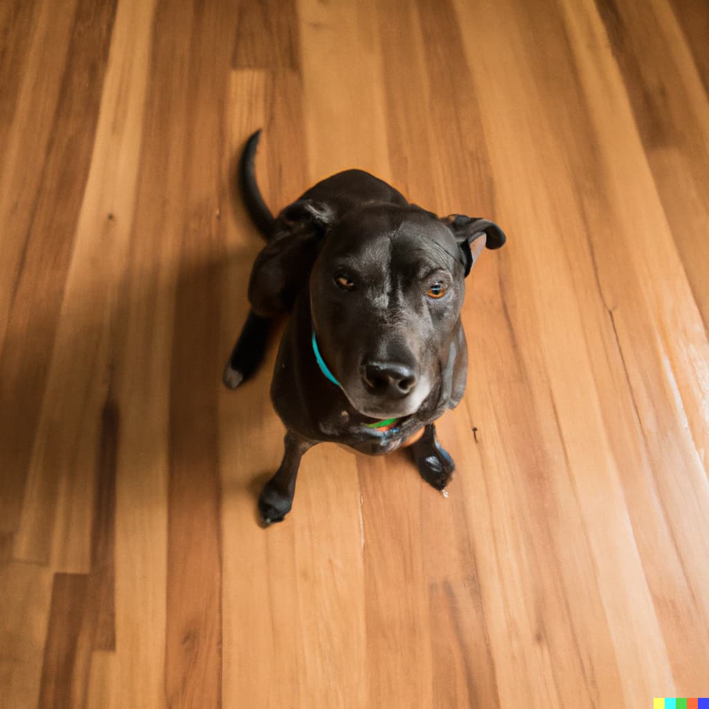 A medium sized black pitbull mix sitting on a hardwood floor