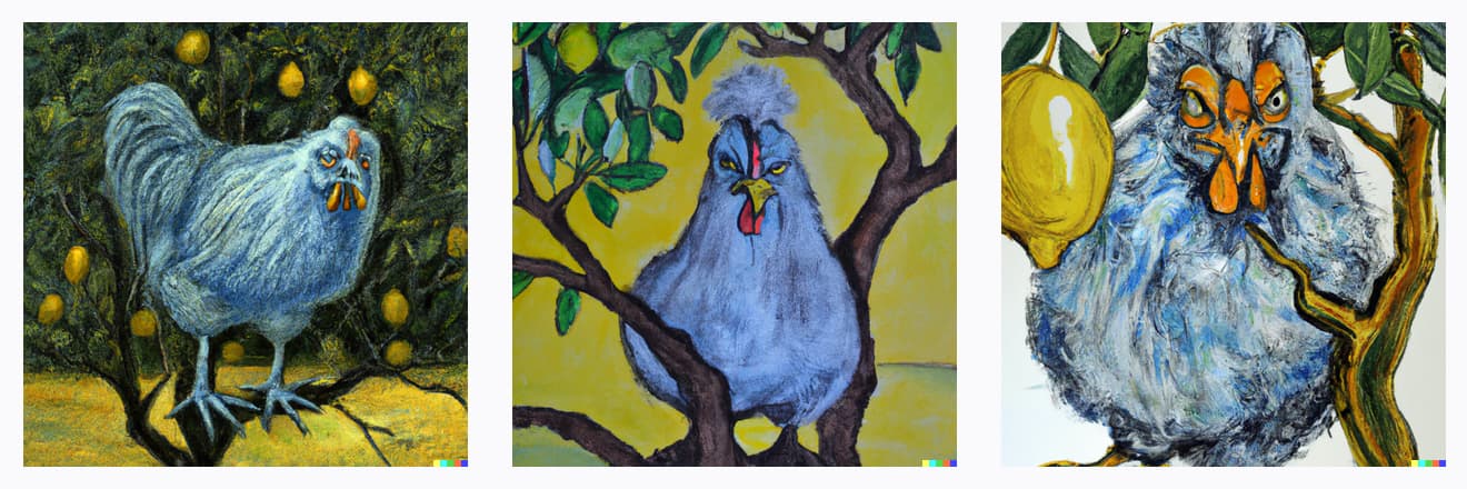 Three paintings of a blue-grey fluffy chicken puffed up and looking angry perched under a lemon tree, in the style of Salvador Dali