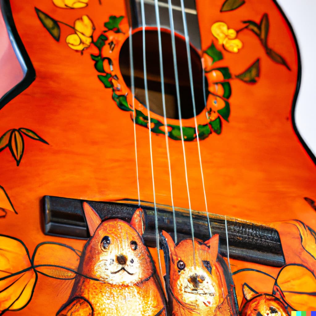 A close-up shot of an acoustic guitar with some capybaras painted on it.