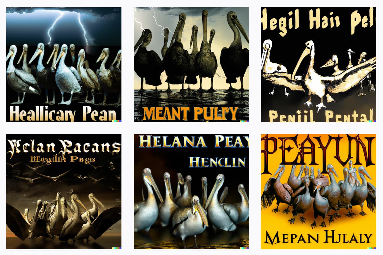 A heavy metal album cover where the band members are all pelicans that are made of lightning - six images, all very heavy metal but none of them where the birds are made of lightning, though two have lightning in the background now