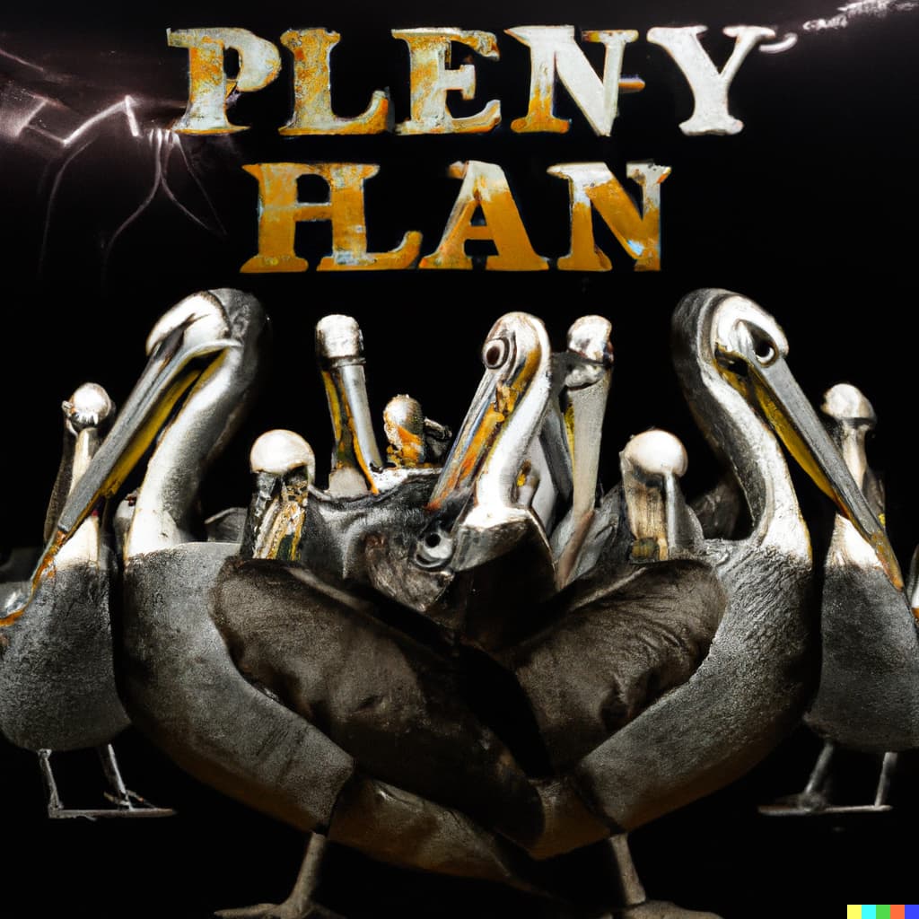 A heavy metal album cover where the band members are all pelicans... made of lightning - except none of the pelicans are made of lightning. The text at the top reads PLENY HLAN