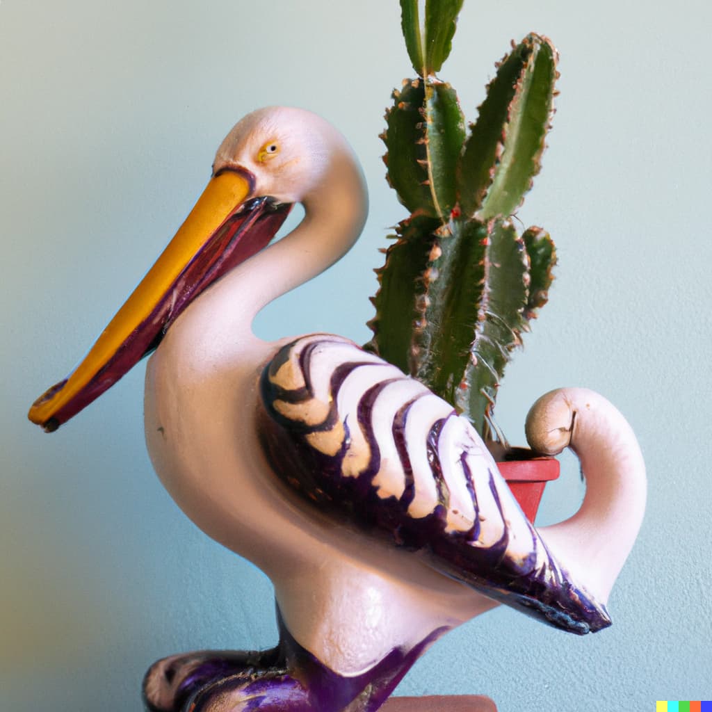 A ceramic pelican in a Mexican folk art style with a big cactus growing out of it - the image looks exactly like that, it's very impressive