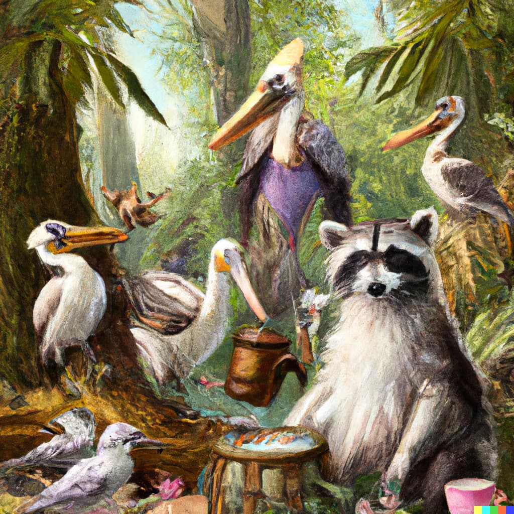 A beautiful painting. A racoon sits in the foreground at a little table in the forest. He is surrounded by pelicans, one of which is pouring a drink from a half-bucket-half-teapot.