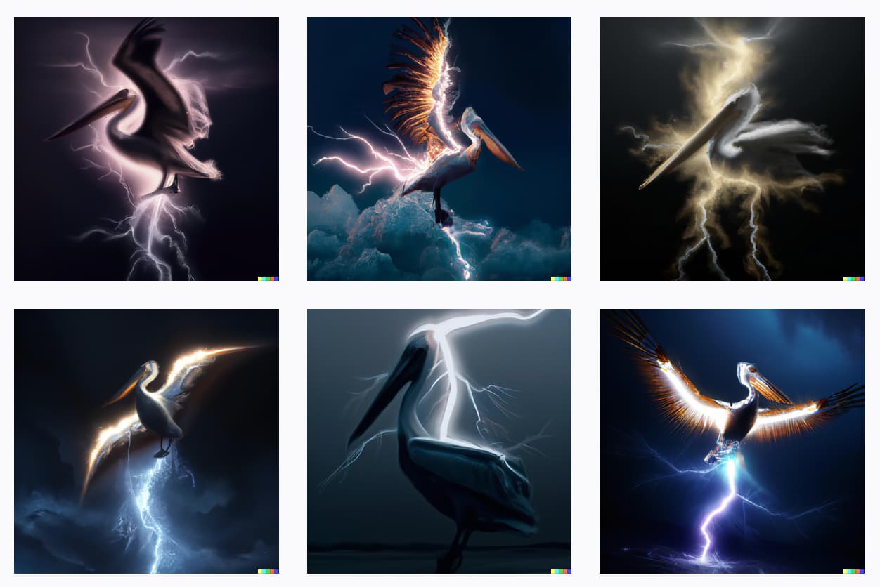 Six images of pelicans - they are all made of lightning this time, and they look pretty cool