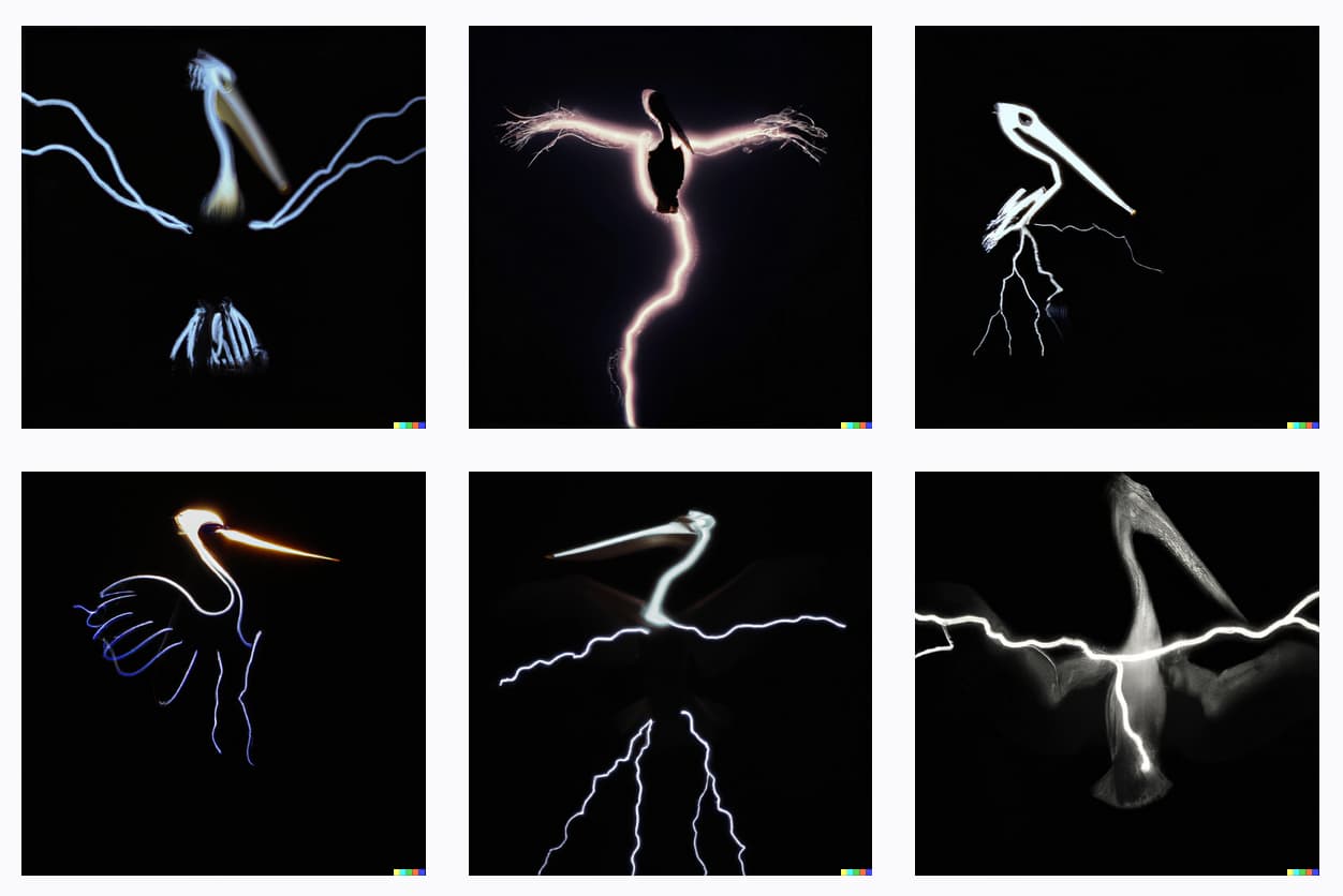 Six images of pelicans - they are all made of lightning this time, but they don't look great.
