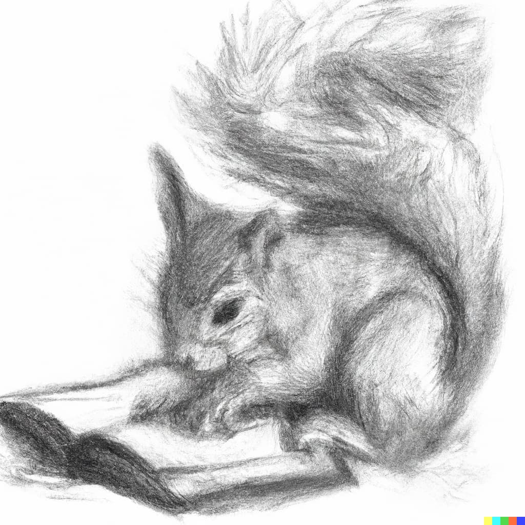 A just gorgeous pencil sketch of a squirrel reading a book