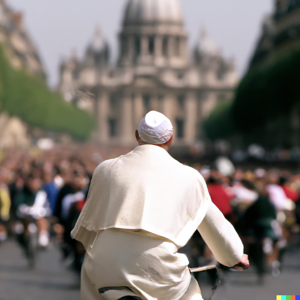A photo of the pope on a bicycle, taken from behind, with a blurred out Paris street in the background