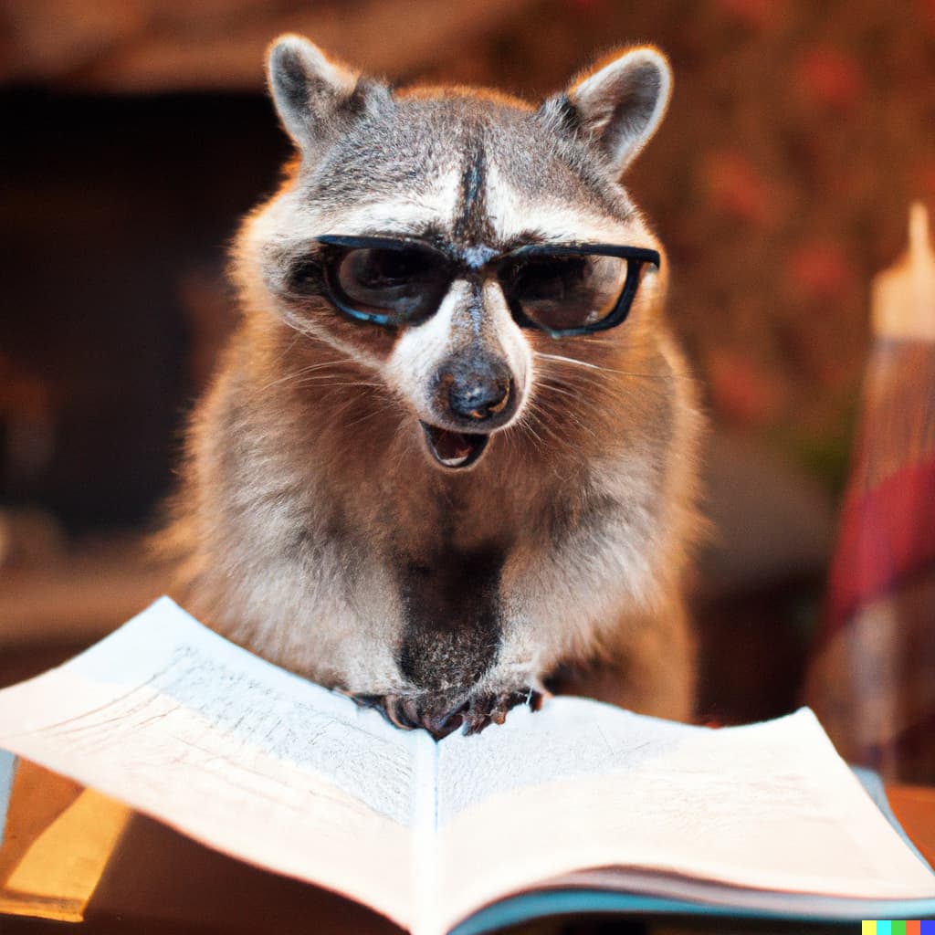 A very convincing photograph of a racoon wearing glasses reading from a book, with a blurry background