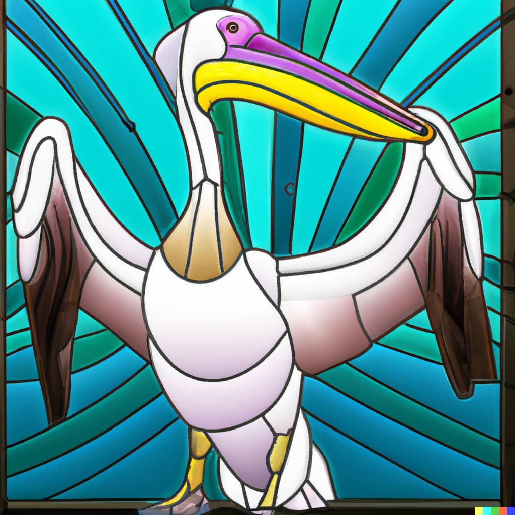 A really cool stained glass window design of a pelican, though it is not wearing a waistcoat