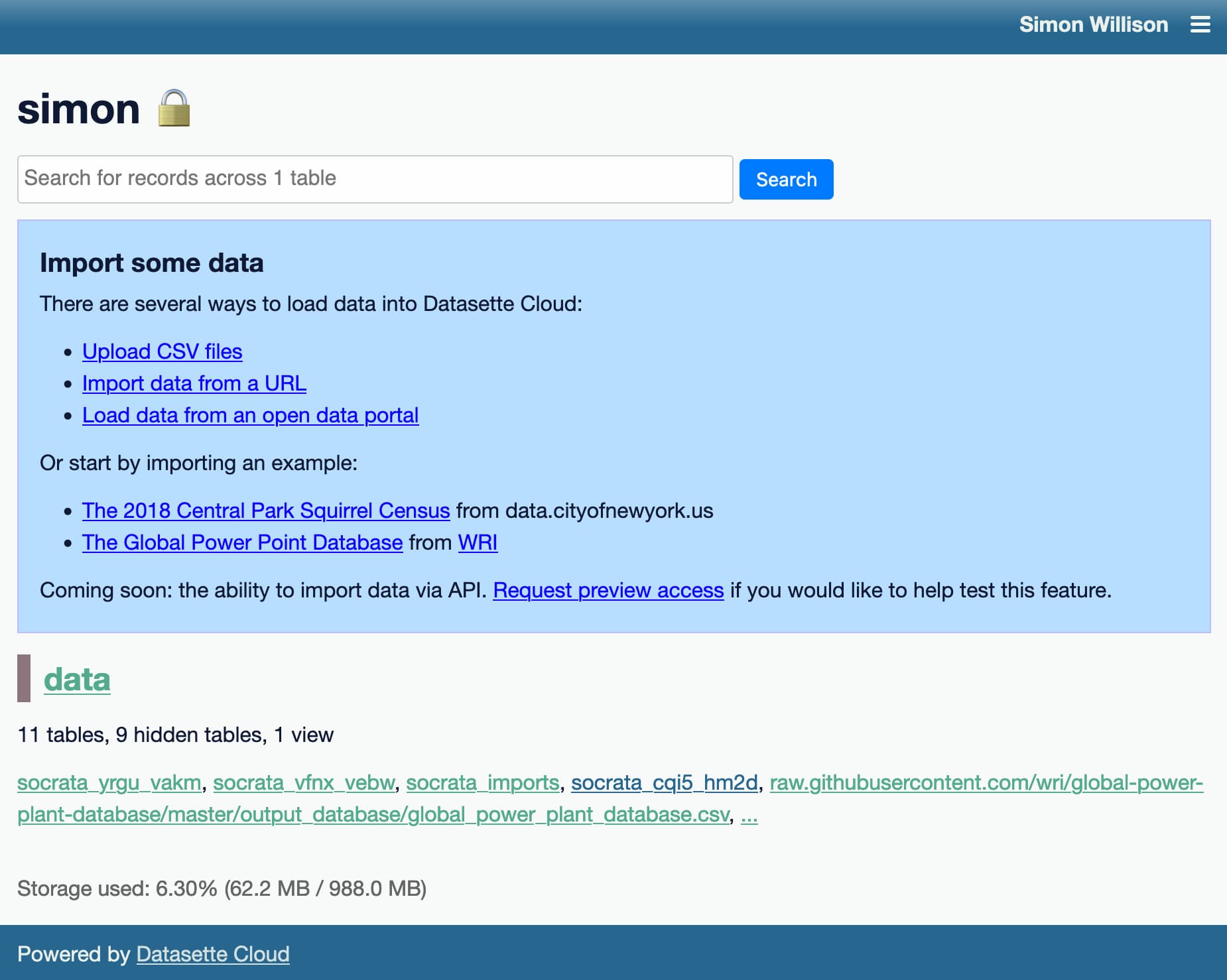 A screenshot of the Datasette Cloud onboarding screen, showing a list of example datasets that can be imported with one click.