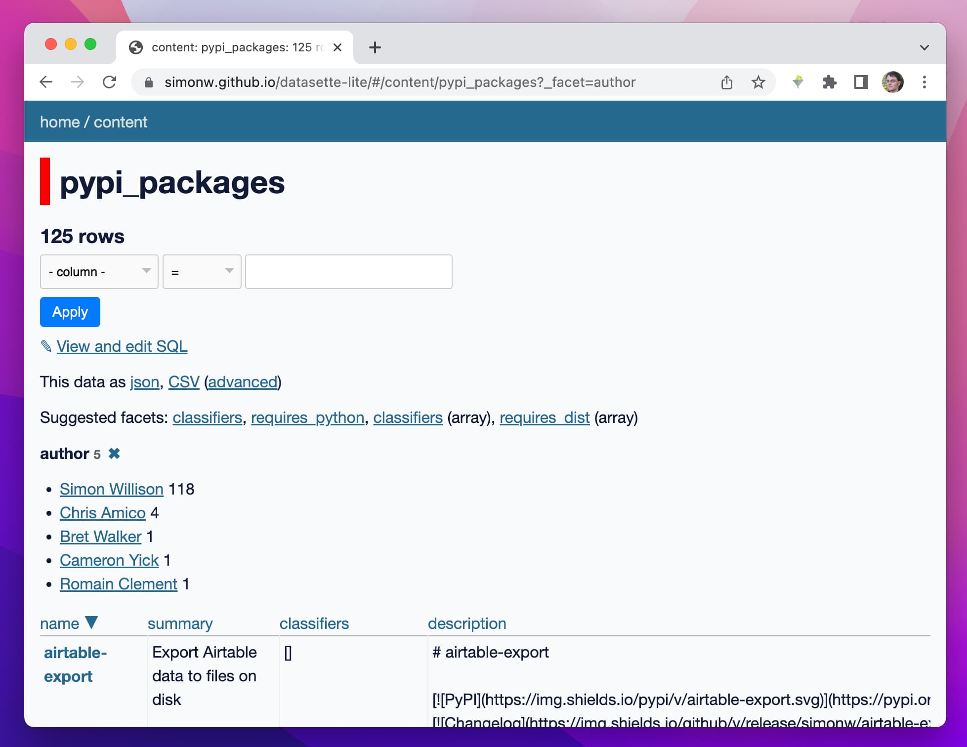 A screenshot of the pypi_packages database table running in Google Chrome in a page with the URL of simonw.github.io/datasette-lite/#/content/pypi_packages?_facet=author